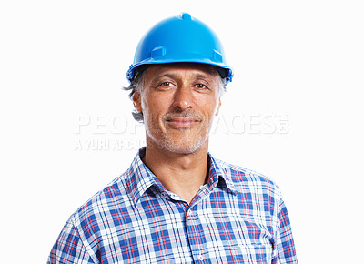 Buy stock photo Closeup mature architect wearing protective helmet over white background