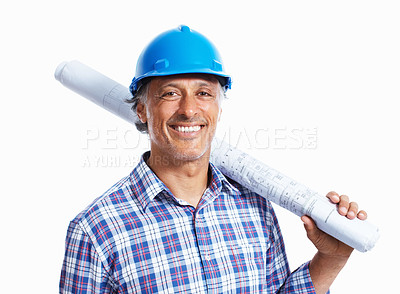 Buy stock photo Closeup smiling mature architect holding blueprints over white background