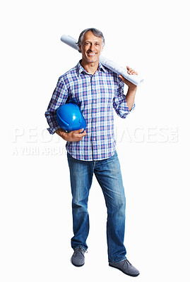 Buy stock photo Full length of smiling handsome architect holding blueprint and protective helmet over white background