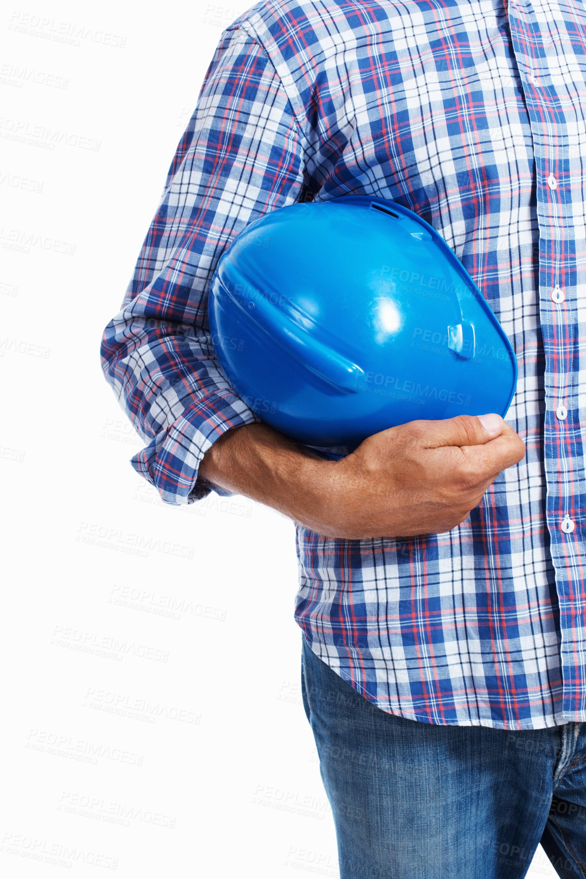 Buy stock photo Closeup of architect holding protective helmet over white background