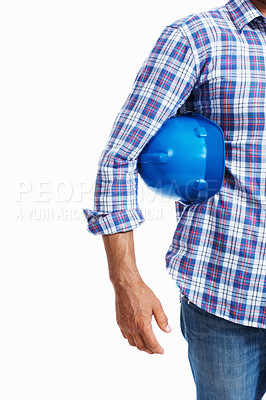 Buy stock photo Closeup of handsome architect holding blue protective helmet over white background