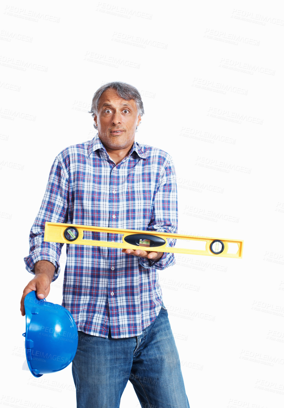 Buy stock photo Portrait of surprised architect holding spirit-level over white background