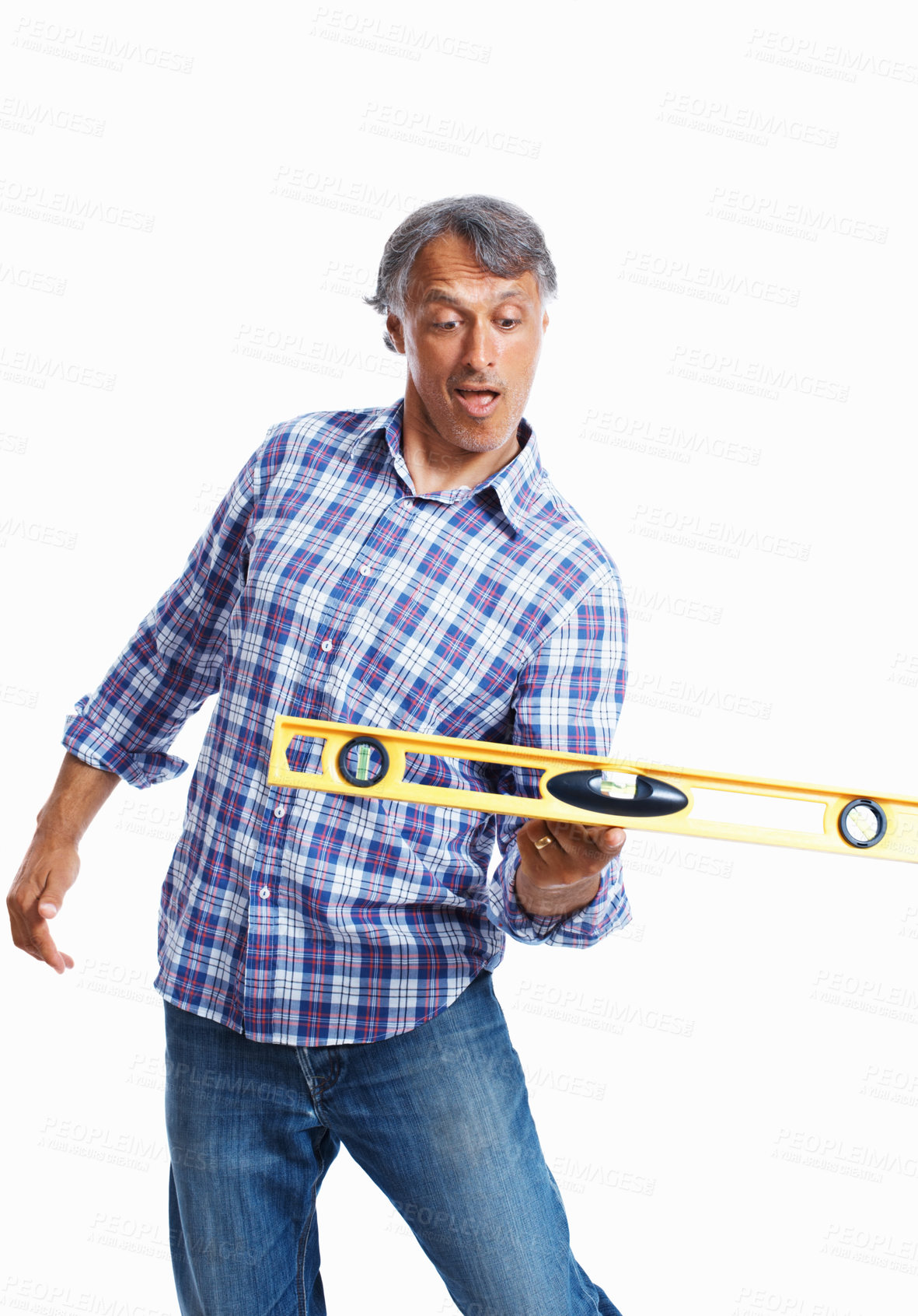 Buy stock photo Spirit level, studio and man in construction, equipment and business for builder in project, entrepreneur and goofy. White background, industry and carpenter in workshop and playful contractor