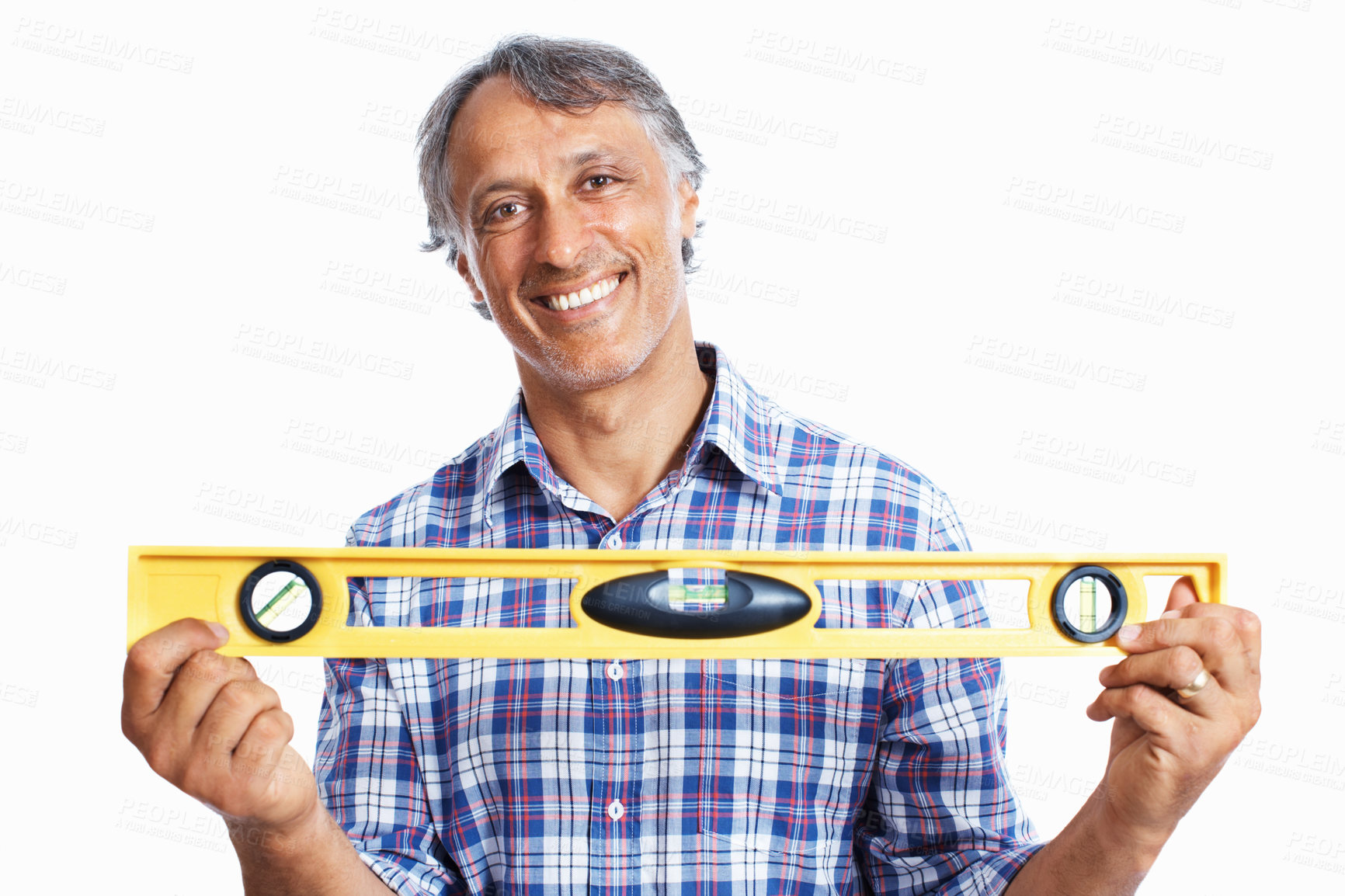 Buy stock photo Spirit level, studio and portrait of man, equipment and business for builder in project, entrepreneur and happy. White background, industry and carpenter in workshop and smile of goal for contractor