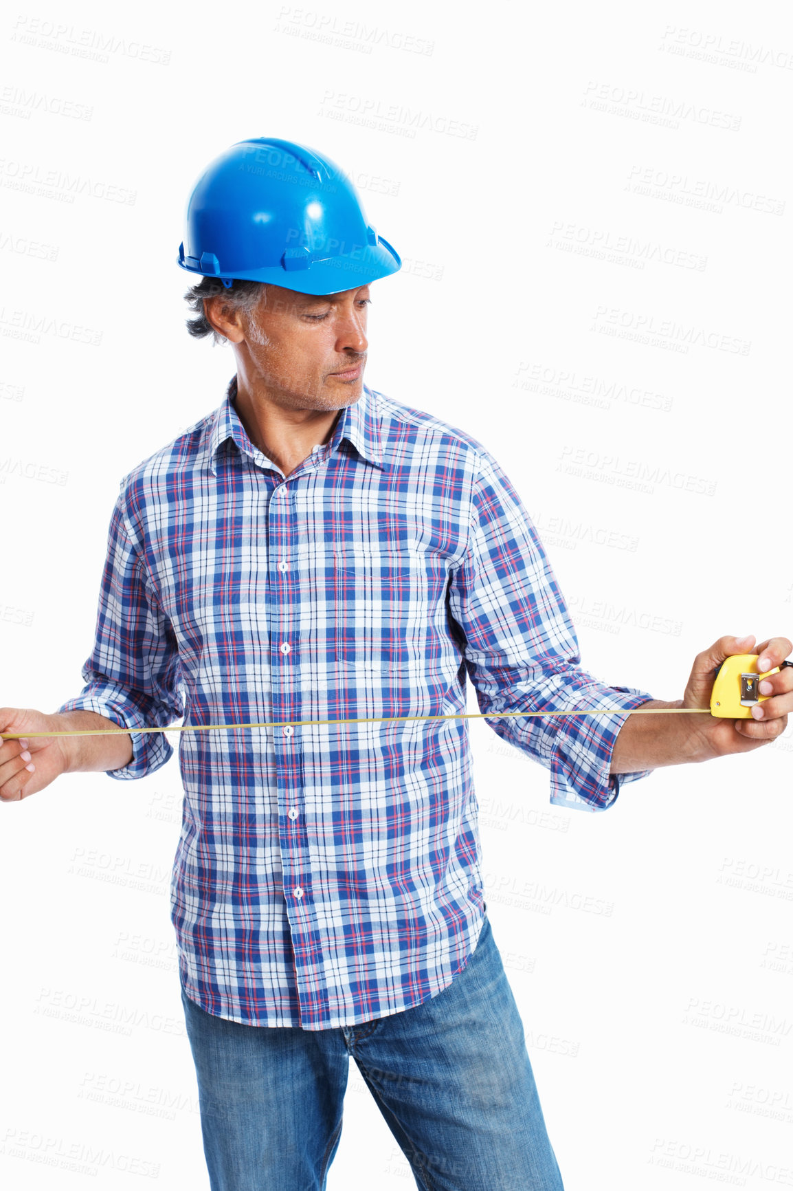 Buy stock photo Tape measure, studio and thinking of man, helmet and business for builder in project, entrepreneur and happy. White background, industry and carpenter in workshop and smile of goal for contractor