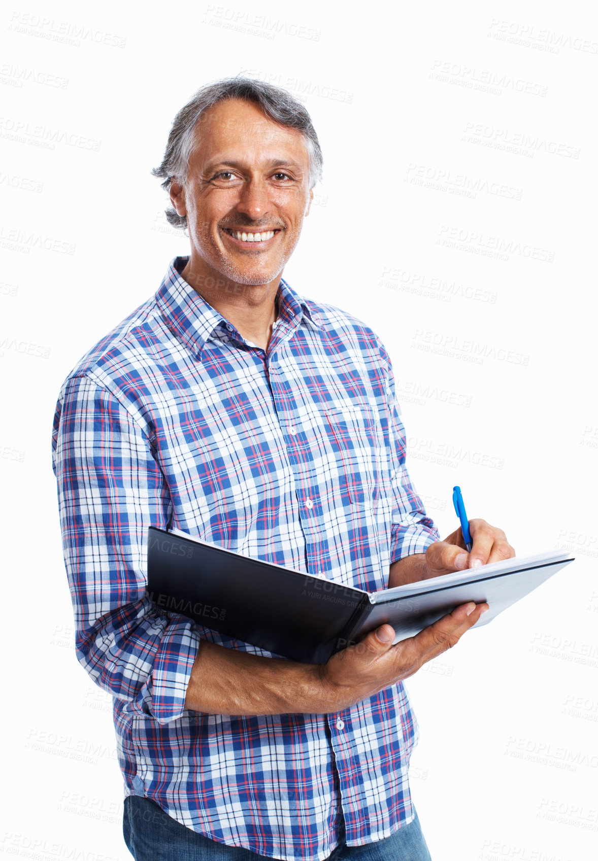 Buy stock photo Portrait, business and man with documents, smile and employee isolated on white studio background. Face, person and construction developer with file for proposal, startup and paperwork for schedule