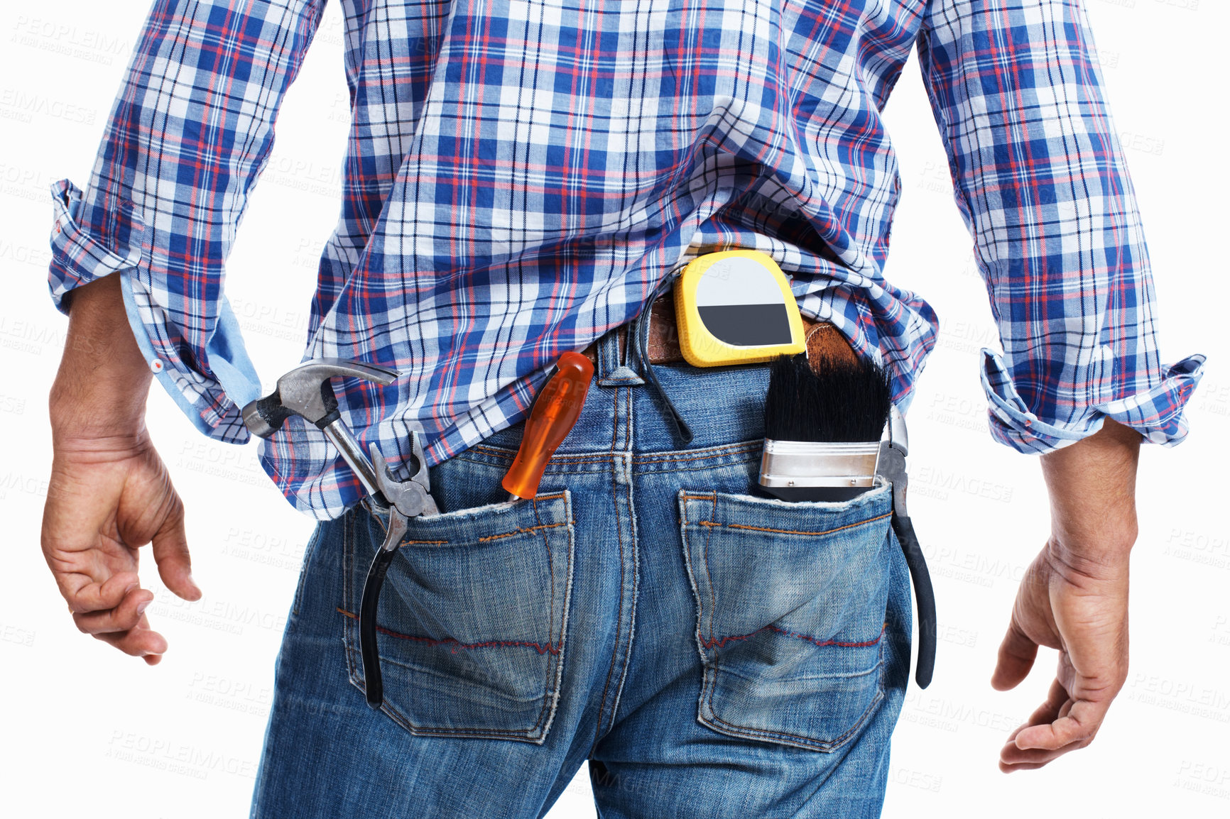 Buy stock photo Back, tools and person in studio, pocket and equipment for industry of construction, worker and builder. White background, handyman and entrepreneur ready for job of maintenance of home improvement