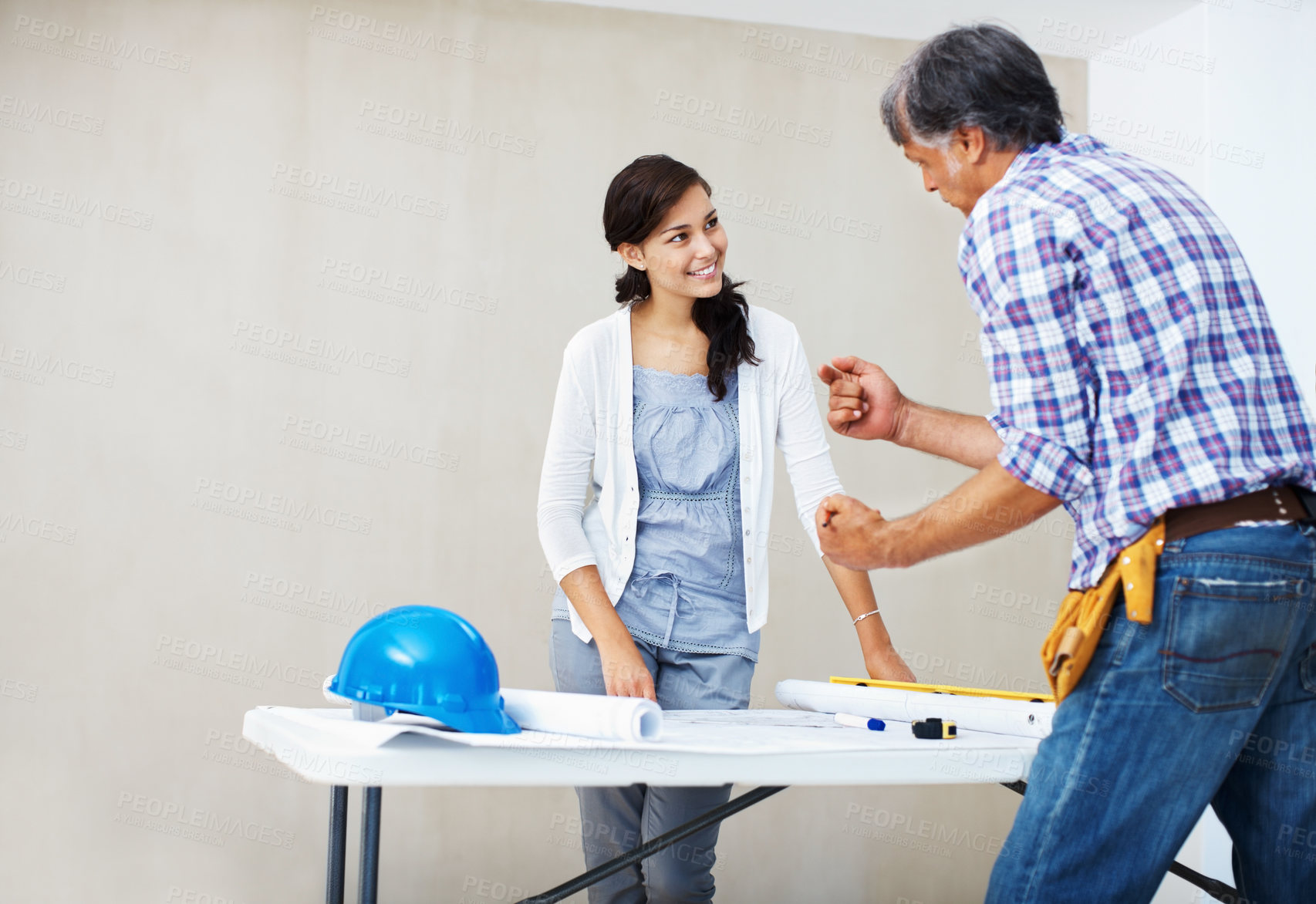 Buy stock photo New home, builder or woman planning blueprint for construction, sketch or talking for apartment. Smile, architecture and people with model design for civil engineering, teamwork or building project