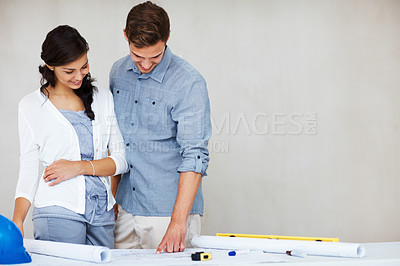 Buy stock photo House, renovation project and couple with planning, diy and blueprint for development. Happy, home and man with woman, real estate and construction for building, documents and decision for design