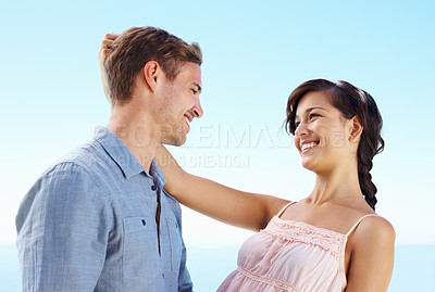 Buy stock photo Outdoor, couple and happy with hug for bonding with love, trust and support in Spain. People, relationship and smile for care on holiday or vacation for honeymoon to relax, break and fun for peace