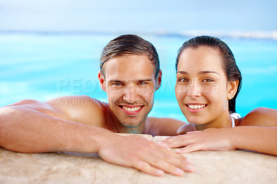 Buy stock photo Swimming pool, relax or couple with portrait in hotel for bonding with love, trust and support in Costa Rica. Smile, holiday or happy people in outdoor spa on vacation for honeymoon, peace or break