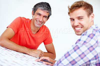 Buy stock photo Portrait of two photographers looking at you and smiling
