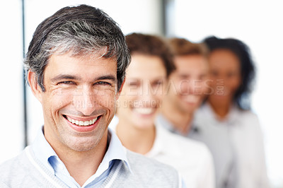 Buy stock photo Portrait, businessman and confidence in about us with colleague, diversity or collaboration in office. Male person, happiness and group for team building, employee or professional in accounting firm