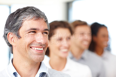 Buy stock photo Office, businessman and confidence in about us with colleague, diversity or collaboration in thinking. Male person, happiness and group for team building, employee or professional in accounting firm