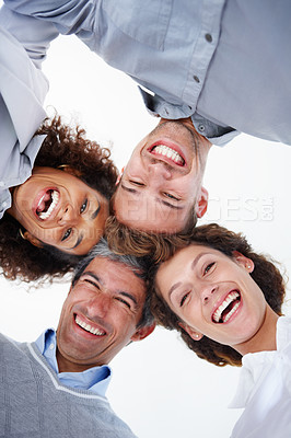 Buy stock photo Portrait, business people and low angle in about us with diversity, huddle together or collaboration in office. Colleagues, happy and group for team building, employee or professional in finance firm