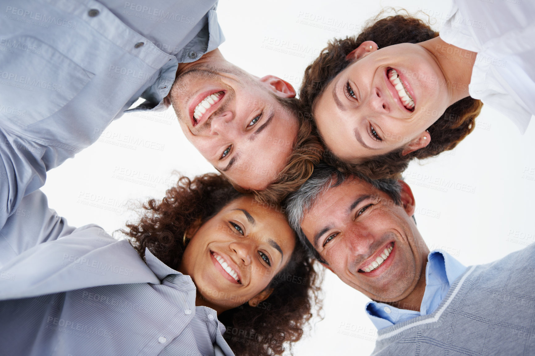 Buy stock photo Portrait, business people and below in about us with diversity, huddle together or collaboration in office. Colleagues, happiness and group for team building, employee or professional in finance firm