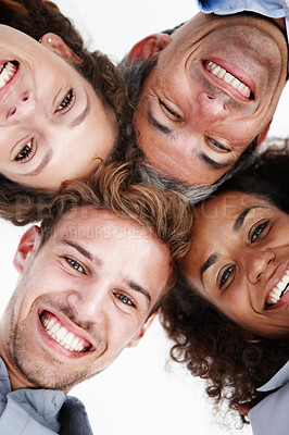 Buy stock photo Portrait, business people and low angle in huddle together with diversity, about us or collaboration in office. Colleagues, happy and group for team building, employee or professional in finance firm