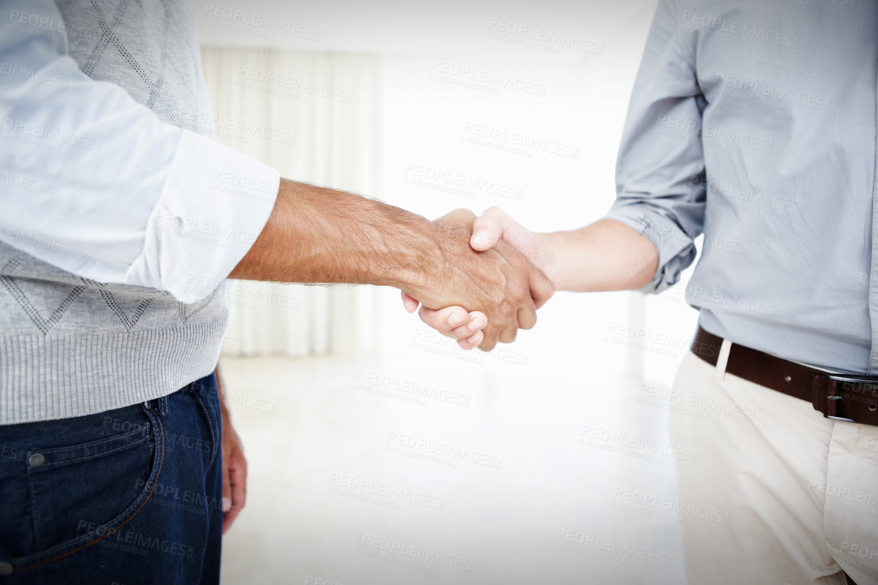 Buy stock photo Shaking hands, business men and deal with agreement, thank you and corporate partnership in office. Startup, welcome and b2b handshake from teamwork, promotion news and success from crm meeting