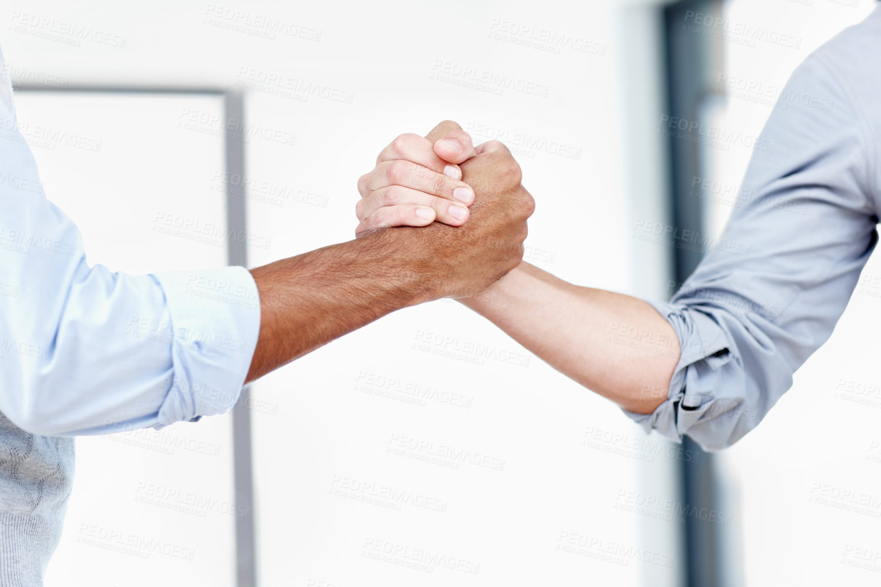 Buy stock photo Handshake, partnership and unity with business people in office together for contract, motivation or support. Collaboration, deal and solidarity with employee team shaking hands in workplace closeup