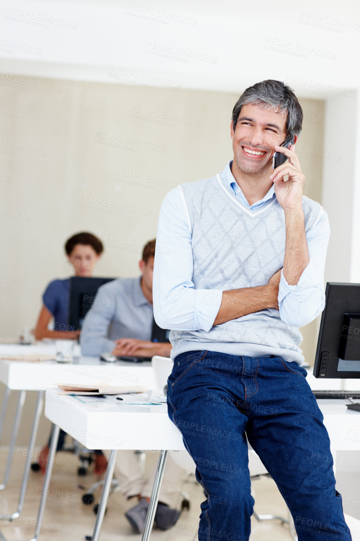 Buy stock photo Business man, phone call and smile at desk with management networking and laugh of mature mentor. Working, happy and reporter comment request at newspaper publisher company at coworking workplace 