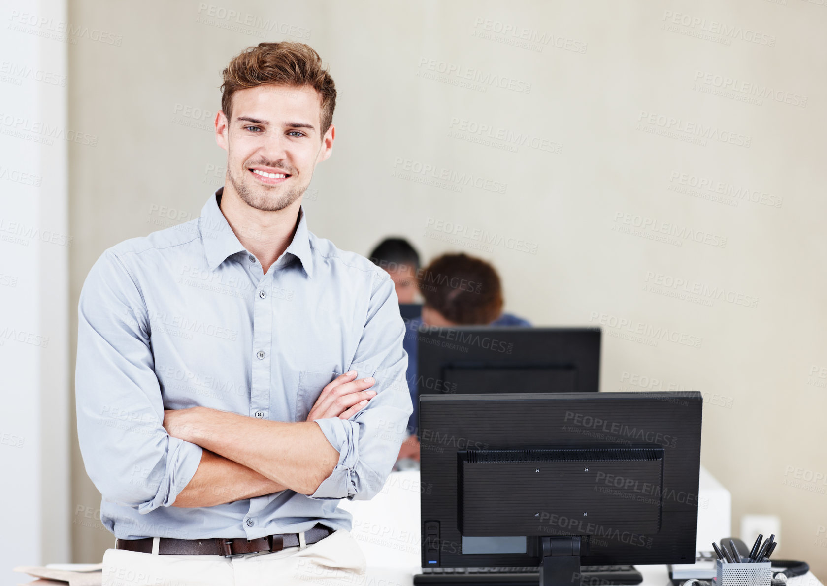 Buy stock photo Man, office and arms crossed as manager on portrait with confidence and happy as data capture. Male person, team leader and employee with pride for job opportunity or career growth and employment