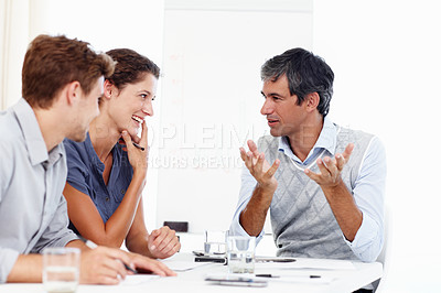 Buy stock photo Business, people and happy at office in meeting for teamwork, collaboration and discussion for project. Employee, boardroom and conversation with feedback, report and update on strategy and planning