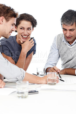 Buy stock photo Happy business people, pointing and meeting with schedule for planning, agenda or tasks at office. Group of employees with smile for prioritizing, workflow or teamwork with documents at workplace