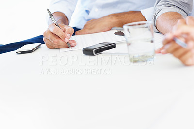 Buy stock photo Hands, meeting and writing with business team at table in boardroom of office together for planning. Collaboration, documents and workshop with employee people in workplace for administration