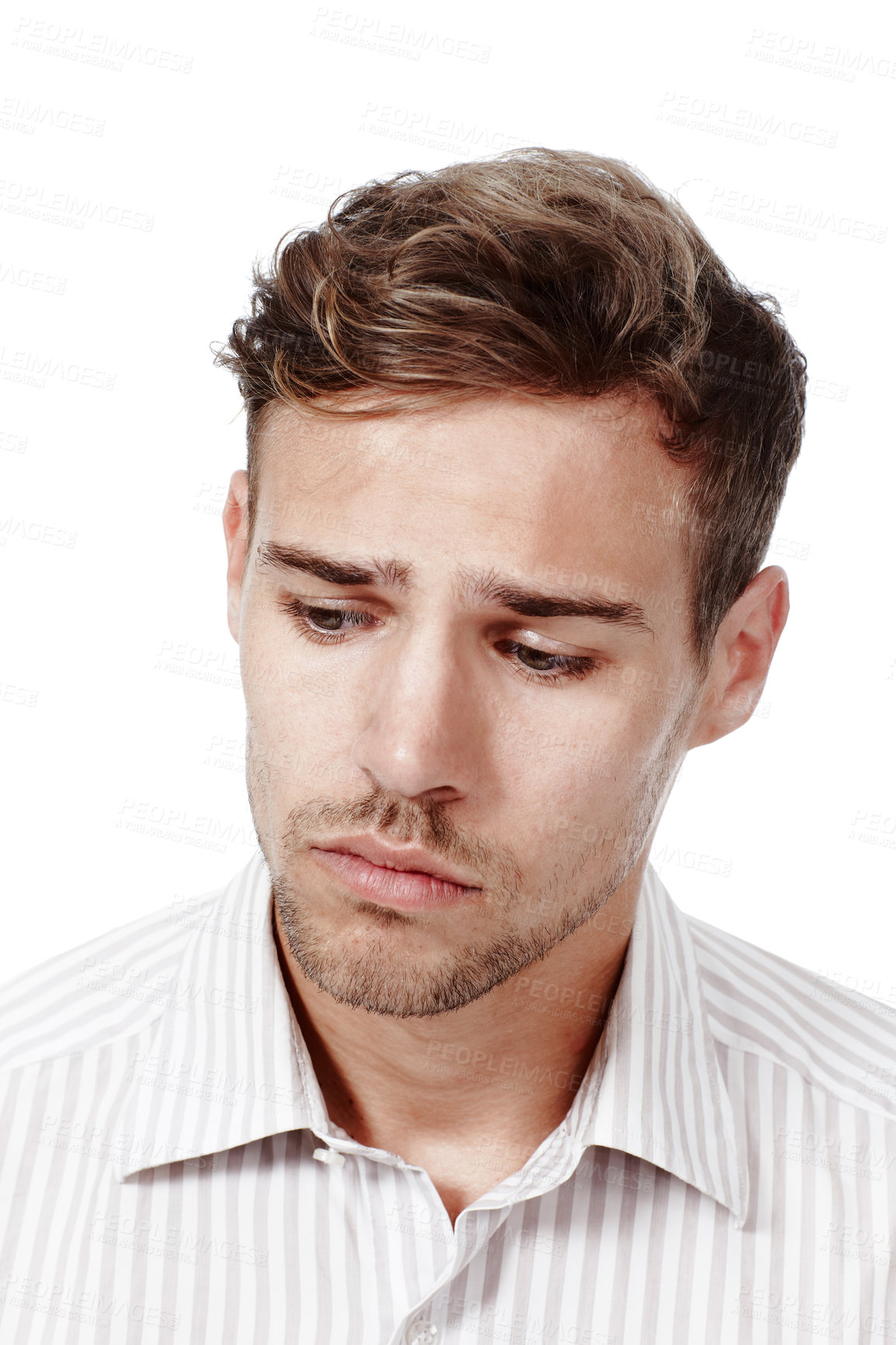 Buy stock photo Man, sad and thinking in studio, depression and contemplating grief or loss on white background. Male person, mental health fail and heartbreak anxiety or mourning, nostalgia trauma and psychology