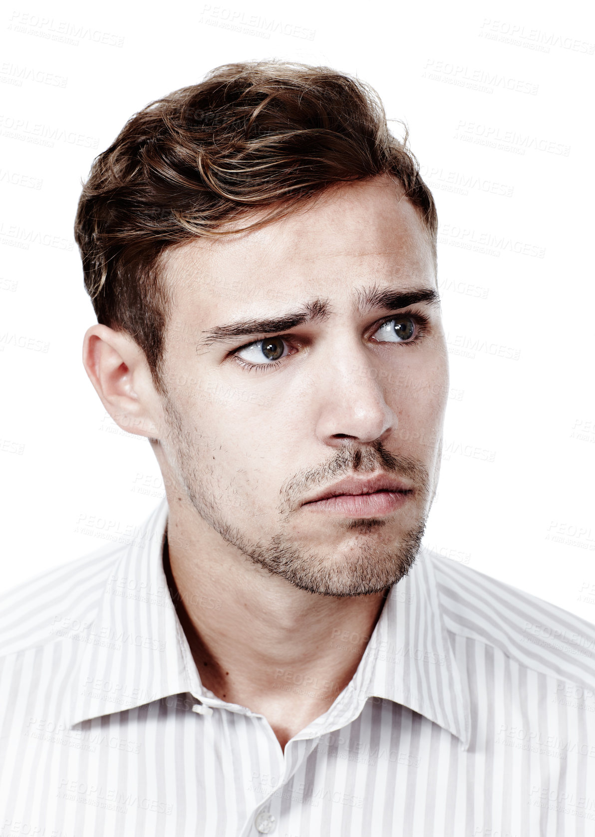 Buy stock photo Man, pain and thinking in studio, depression and contemplating grief or loss on white background. Male person, mental health fail and heartbreak anxiety or mourning, nostalgia trauma and psychology