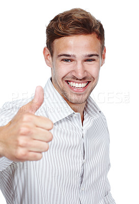 Buy stock photo Happy man, thumbs up and studio portrait for win, agreement and yes emoji on white background. Male person, promotion and thank you symbol for motivation, success and like icon or approval feedback