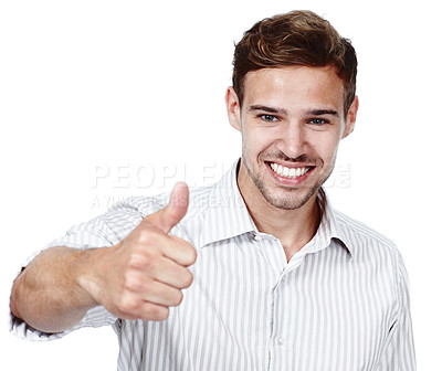 Buy stock photo Happy man, thumbs up and studio portrait for vote, agreement and yes emoji on white background. Male person, promotion and thank you symbol for motivation, success and like icon or approval feedback