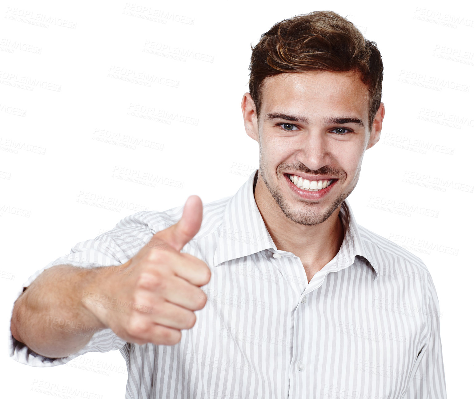 Buy stock photo Happy man, thumbs up and studio portrait for vote, agreement and yes emoji on white background. Male person, promotion and thank you symbol for motivation, success and like icon or approval feedback