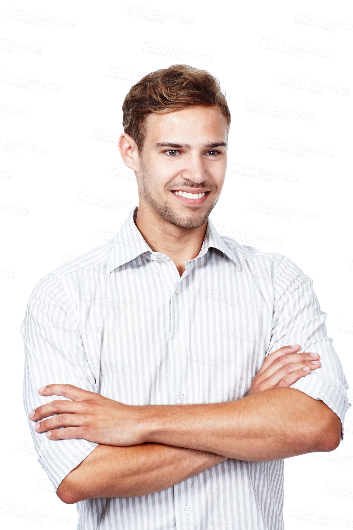 Buy stock photo Business man, thinking and arms crossed with smile for solution, reflection or perspective insight. Happy, confidence or planning future with professional mindset or vision on white studio background