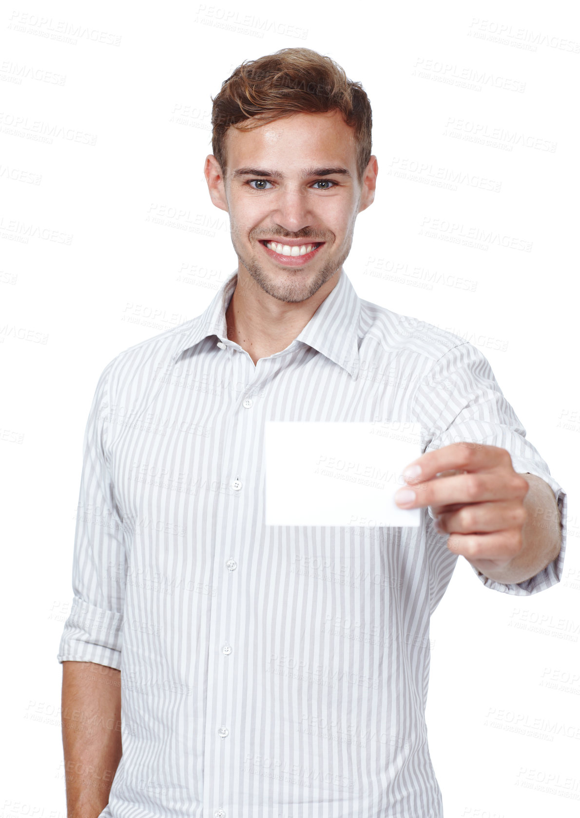 Buy stock photo Copyspace of a confident man marketing or presenting an endorsed message. Portrait of a young man in a shirt holding a blank white piece of paper isolated on a white studio background and smiling. 