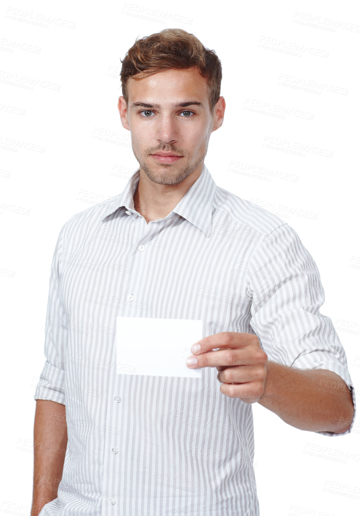 Buy stock photo Man, portrait and blank placard in studio for contact information, email address and white background. Male person, business card and mockup space for news, poster sign board and services promotion