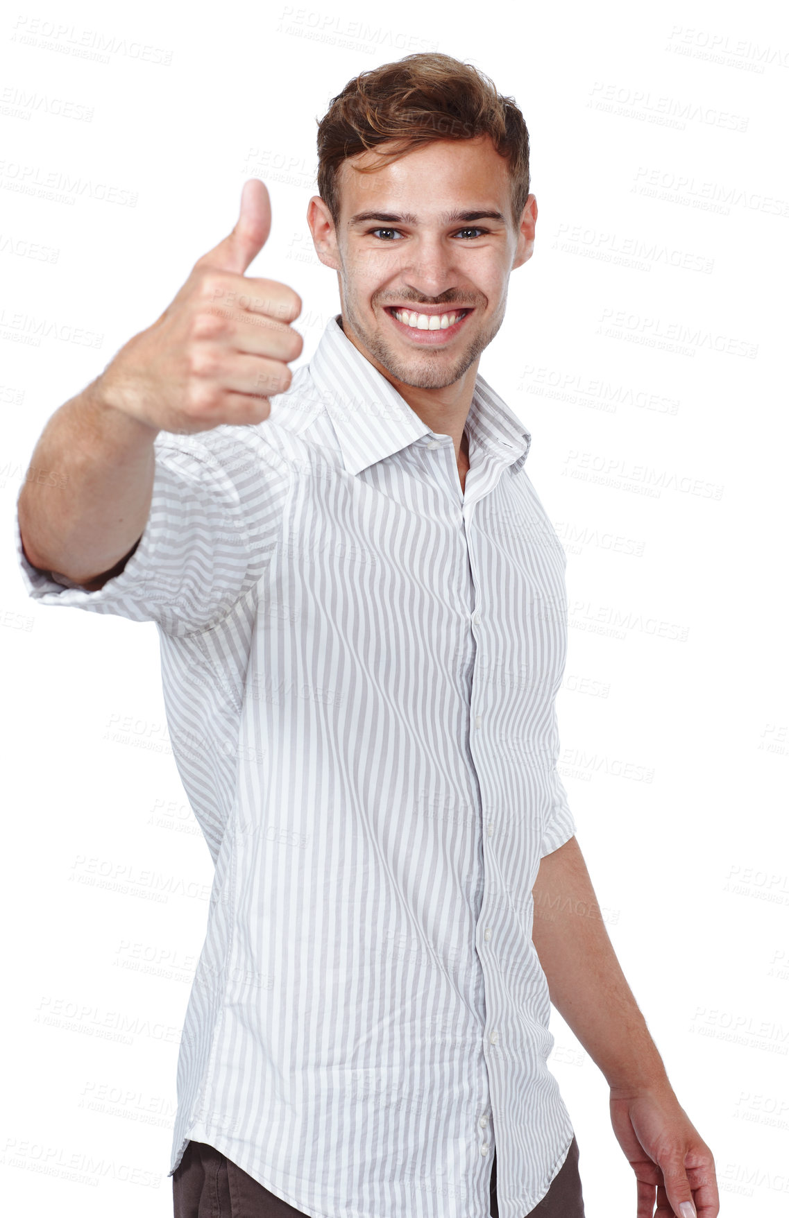 Buy stock photo Portrait of man showing thumbs up sign and gesture while isolated against a white background in studio with copyspace. One handsome young model posing, smiling and endorsing trust with hand gesture