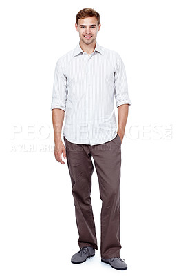 Buy stock photo Portrait, business and man relax in studio with about us, designer ambition and career pride of experience. Smile, male person and confident for consultant, casual clothes and white background