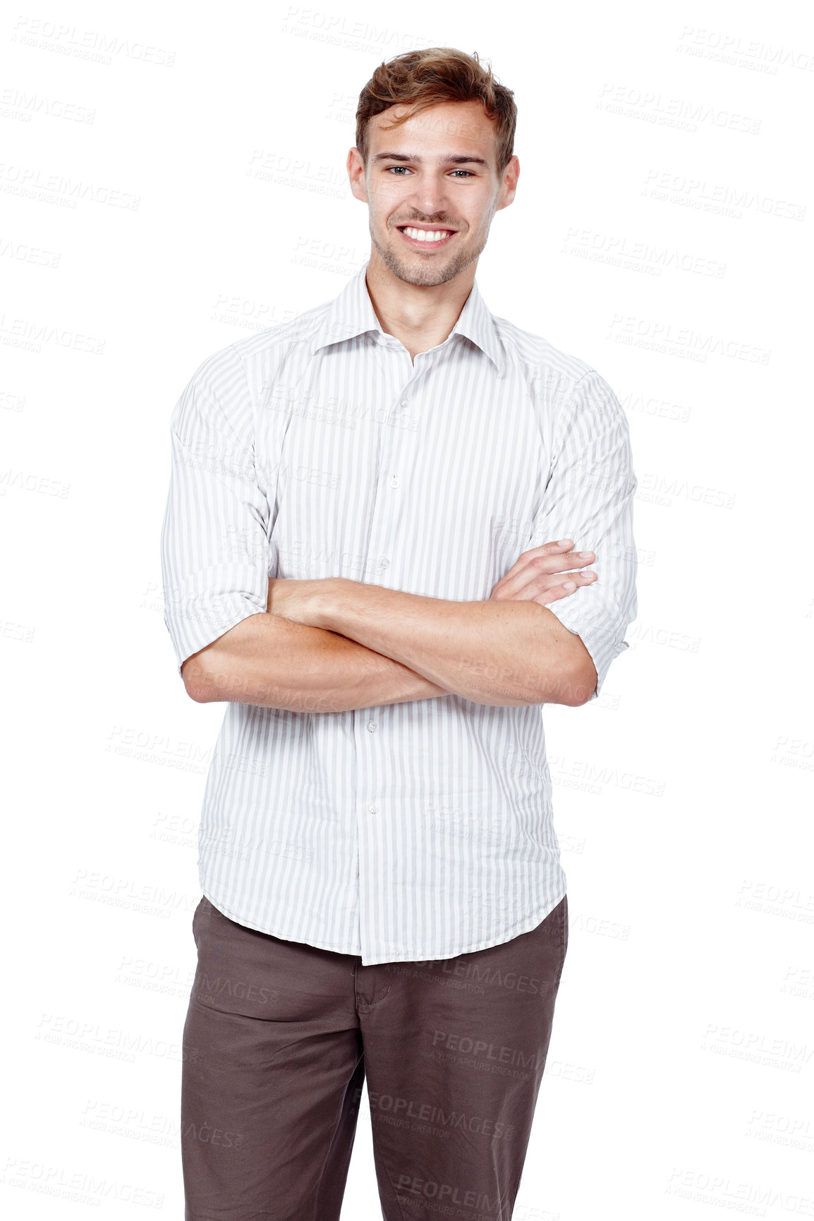 Buy stock photo Business, man and happy with arms crossed in studio on white background with pride for career growth. Employee, portrait and smile with confidence for job position or opportunity and promotion