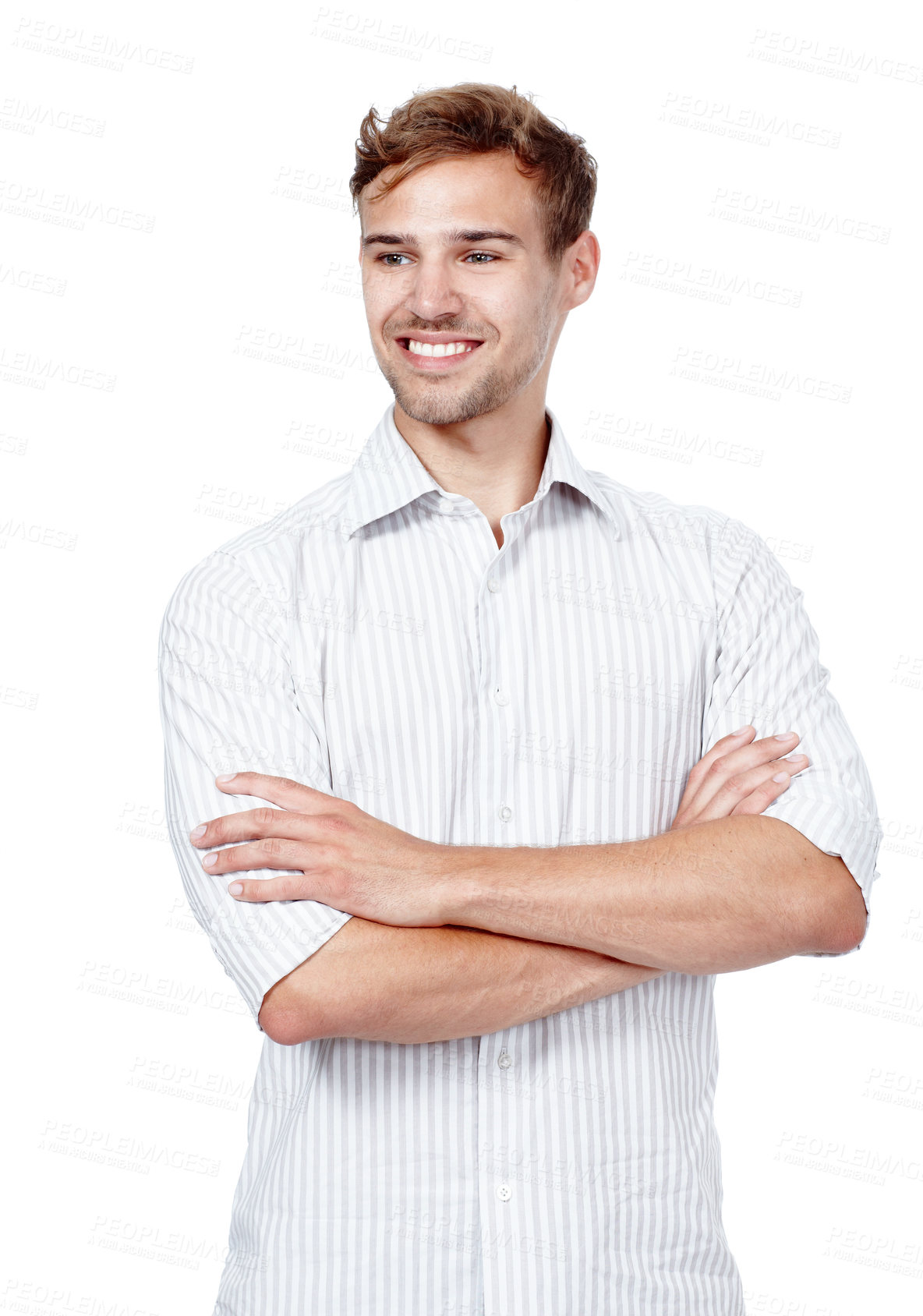 Buy stock photo Studio portrait of a young man standing with his arms crossed against a white background