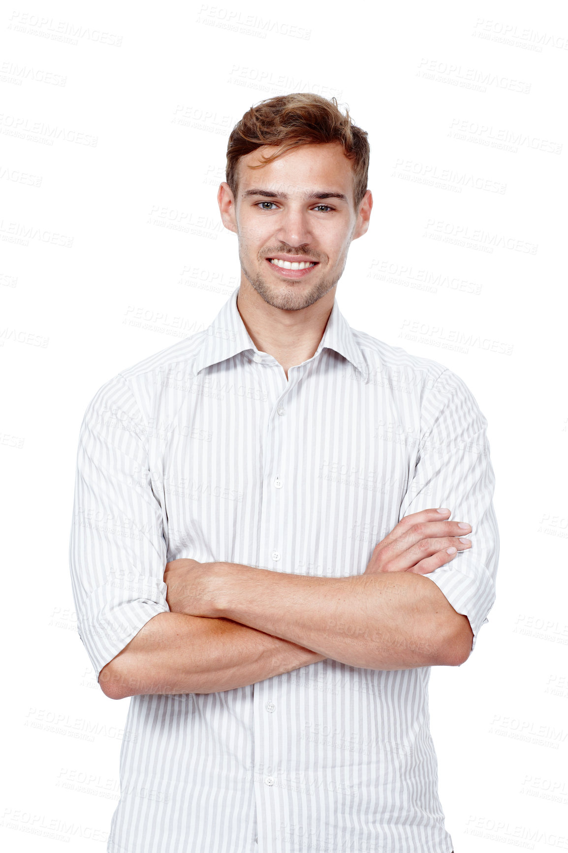 Buy stock photo Business, man and smile with arms crossed in studio on white background with pride for career growth. Employee, portrait and happy with confidence for job position or opportunity and promotion