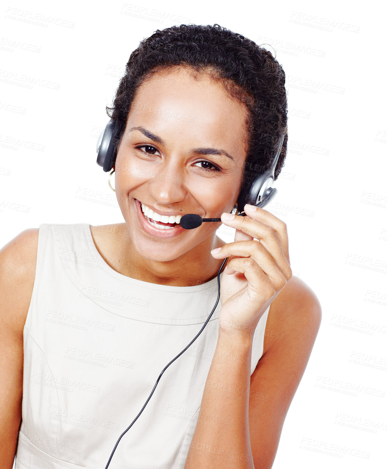 Buy stock photo Portrait, call center and happy woman with mic for customer service, support or help. Face, telemarketing and consultant with headset for lead generation, listen or laugh on white studio background