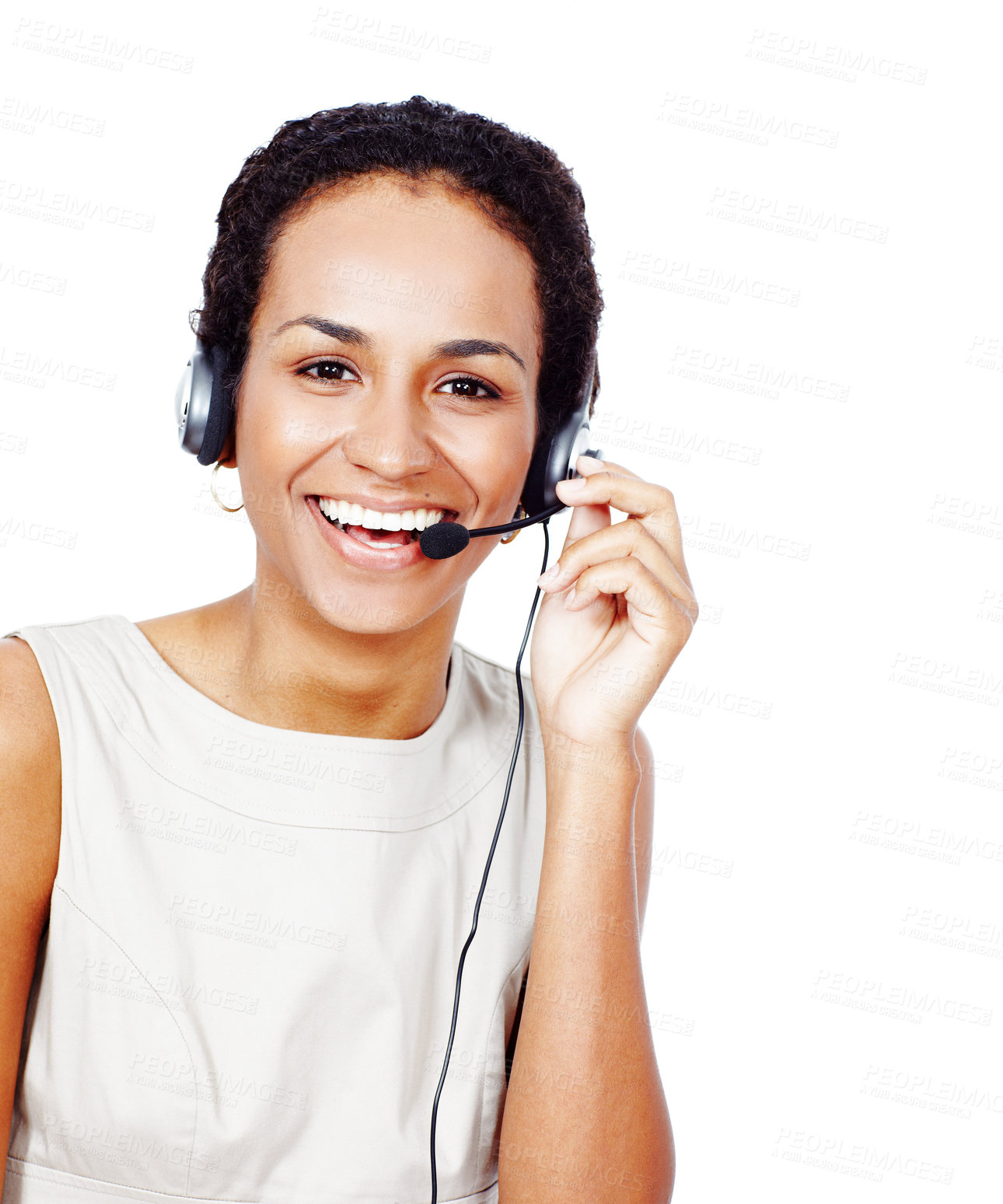 Buy stock photo Portrait, call center and happy woman with mic for help, customer service or support. Face, telemarketing and consultant with headset for lead generation, listen or laugh on white studio background