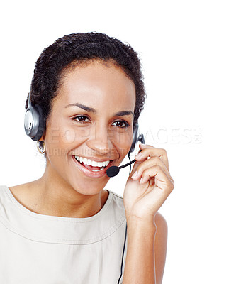 Buy stock photo Talk, call center and happy woman with mic for customer service, support or contact us for help. Telemarketing, consultant and headset for lead generation, listen or laugh on white studio background