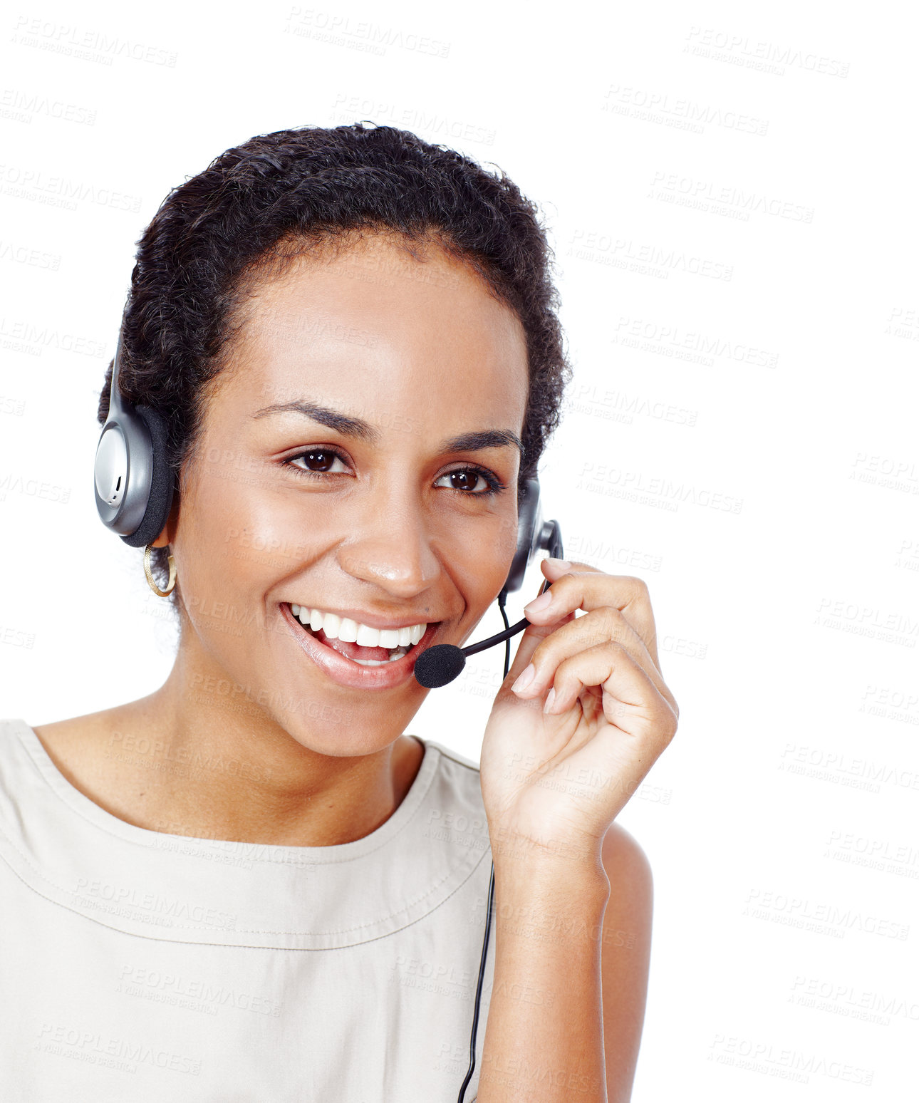 Buy stock photo Talk, call center and happy woman with mic for customer service, support or contact us for help. Telemarketing, consultant and headset for lead generation, listen or laugh on white studio background