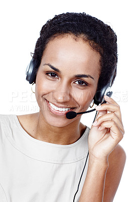 Buy stock photo Portrait, call center and happy woman with headphones for customer service, crm or multilingual support. Face, telemarketing or agent with mic to help, listen or contact us on white studio background