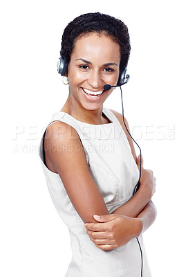 Buy stock photo Studio shot of a young woman wearing a headset isolated on white