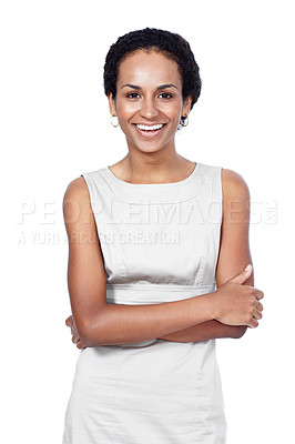 Buy stock photo Arms crossed, portrait and smile of business woman in studio isolated on white background for ambition. Confident, corporate or professional and happy female employee satisfied with career or job