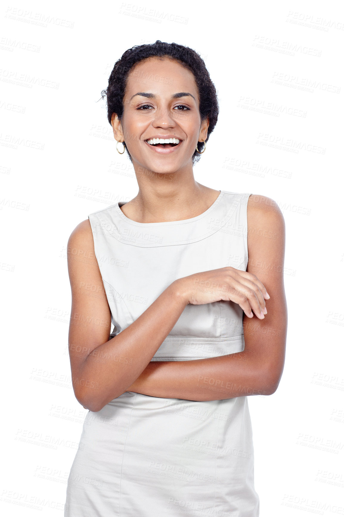 Buy stock photo Arms crossed, funny and portrait of business woman in studio isolated on white background. Confident, laughing or smile and happy employee with comedy, humor or joke for professional career.