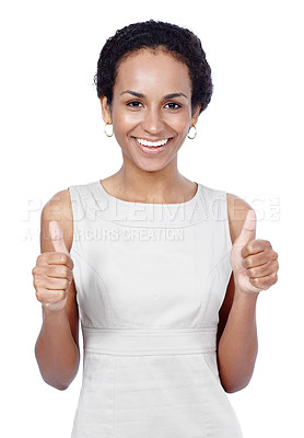 Buy stock photo Portrait, thumbs up and woman with sign, feedback and person isolated on white studio background. Face, happy girl or model with hand gesture, emoji and expression with like symbol or positive review